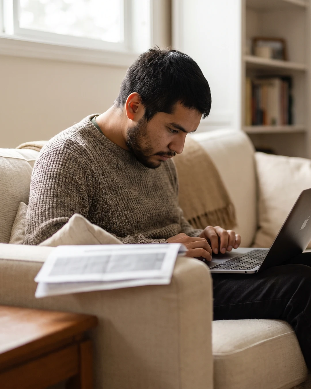 A man sits on a sofa reading from a laptop, a printed page on the side table.