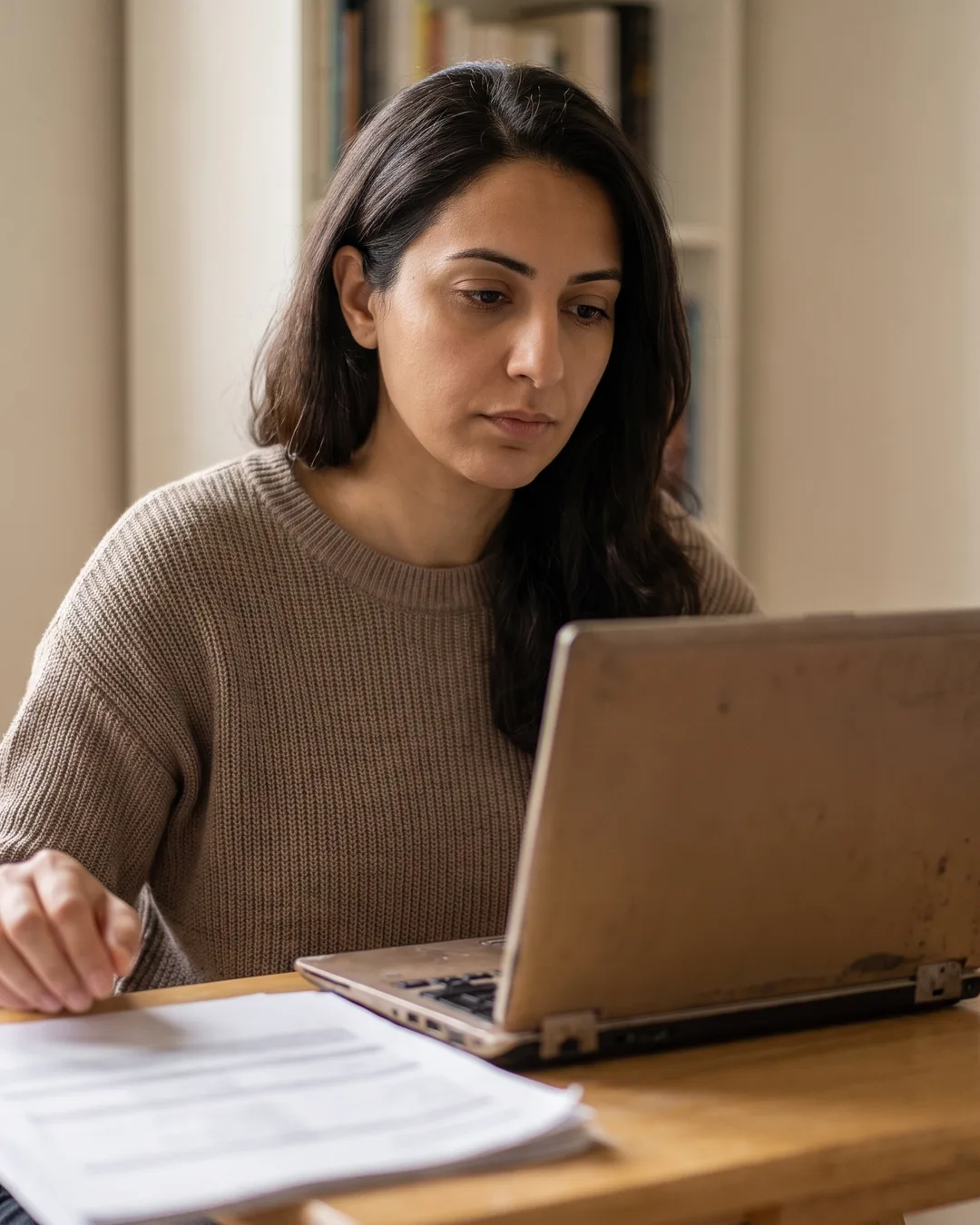A woman checks a document against her laptop at a table.