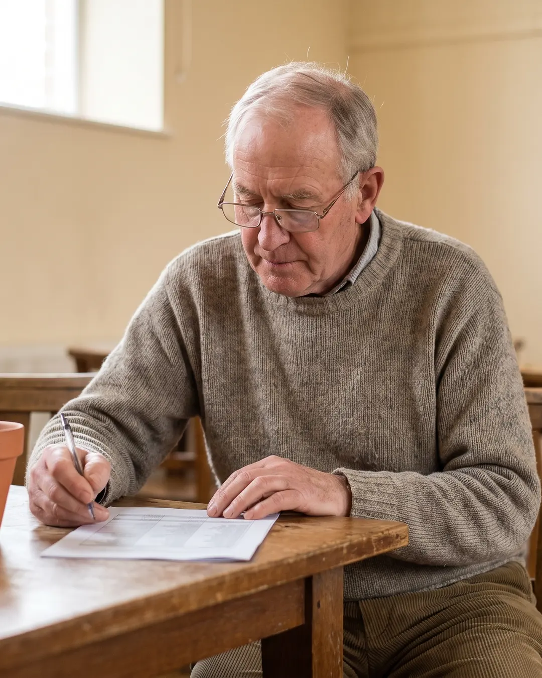 An older man in glasses completes a single form with a pen at a table.