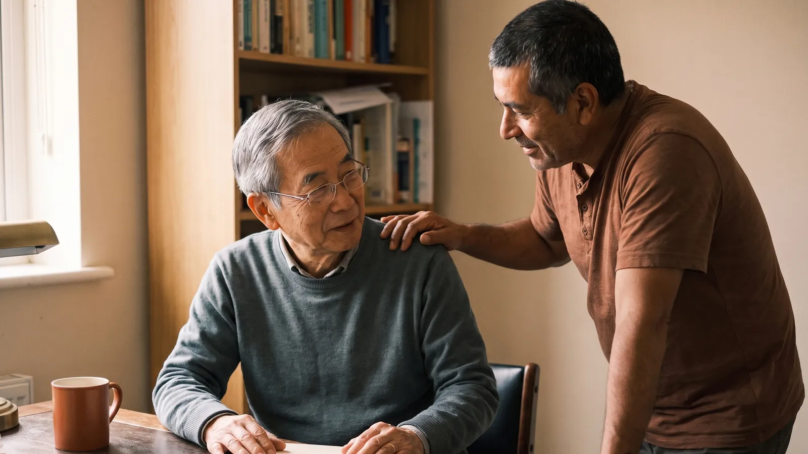 A woman points to a line on a document while an older man reads it beside her at a kitchen table.