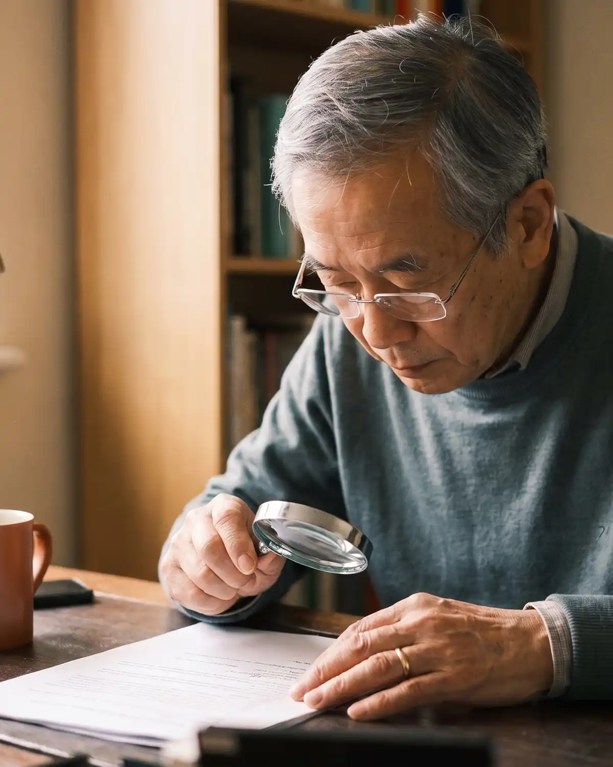 An older man in glasses reads a bill closely at his desk, checking it line by line.