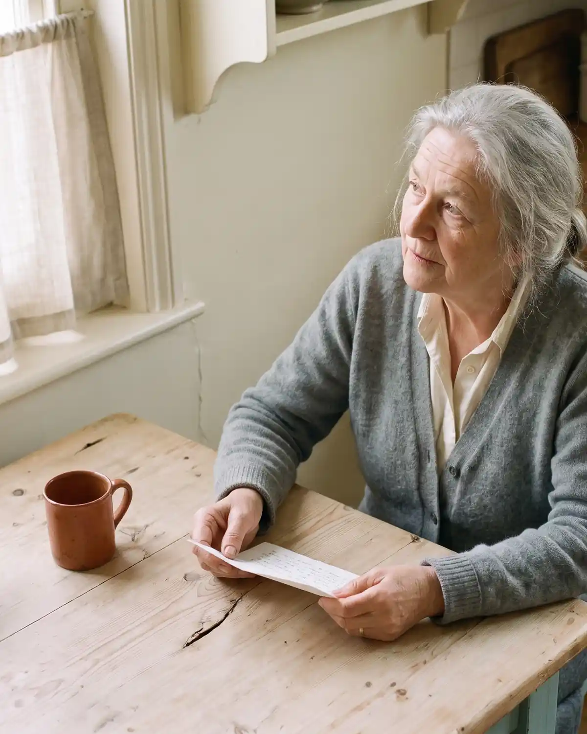 A white-haired woman reads through several bills at her table.