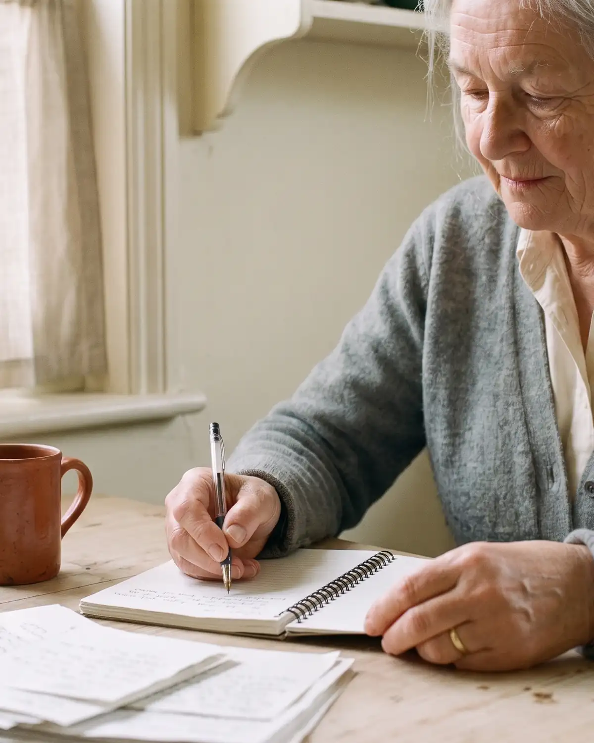 A white-haired woman fills in an assistance form at her table.