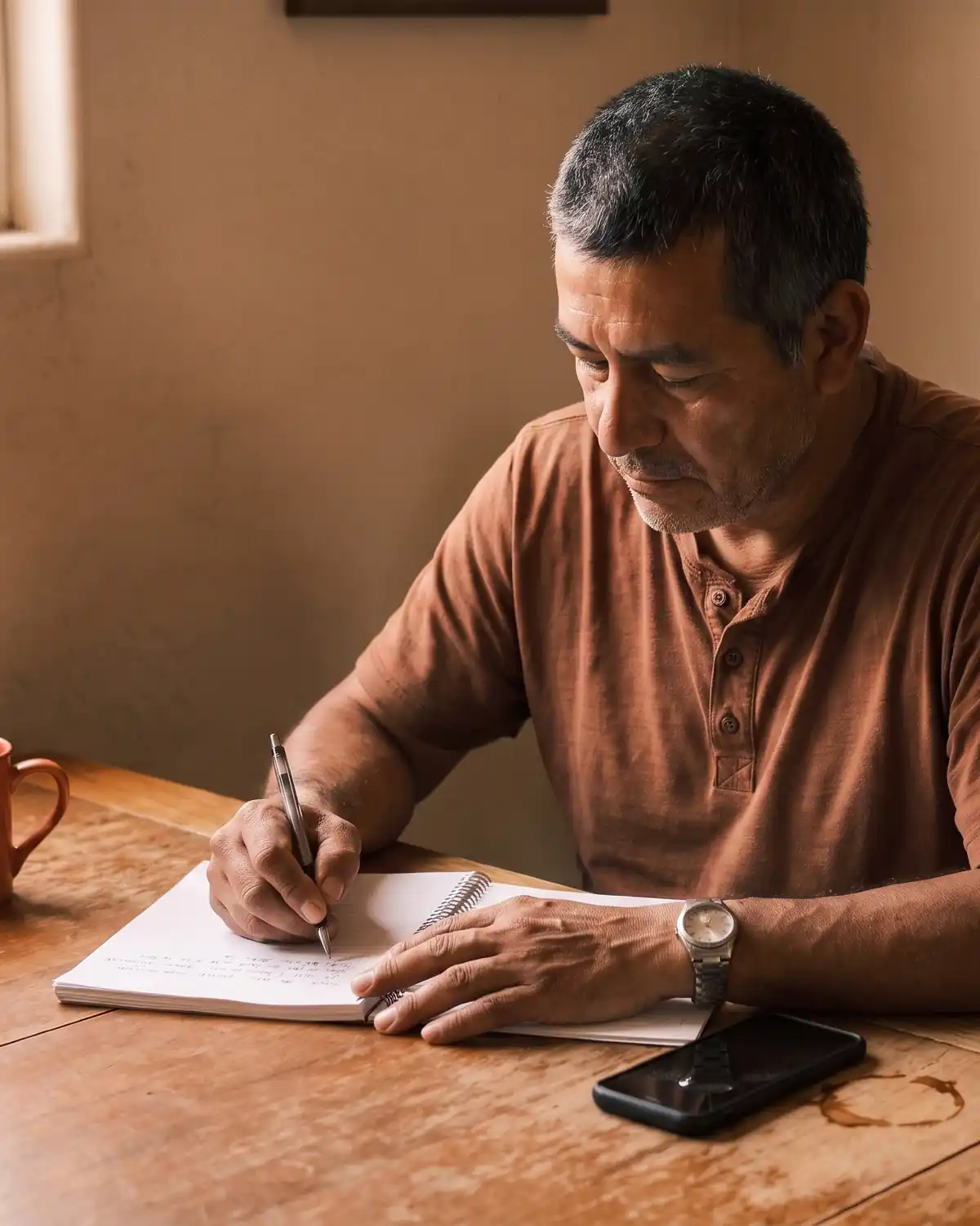 A younger man reads a collections letter at his table, his phone set down beside him.