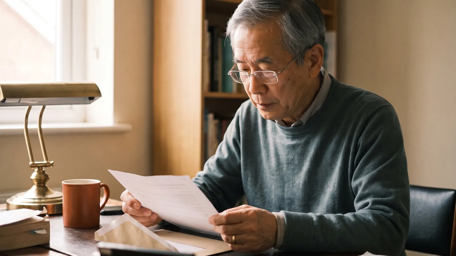 An older man in glasses reads a form closely at his desk.