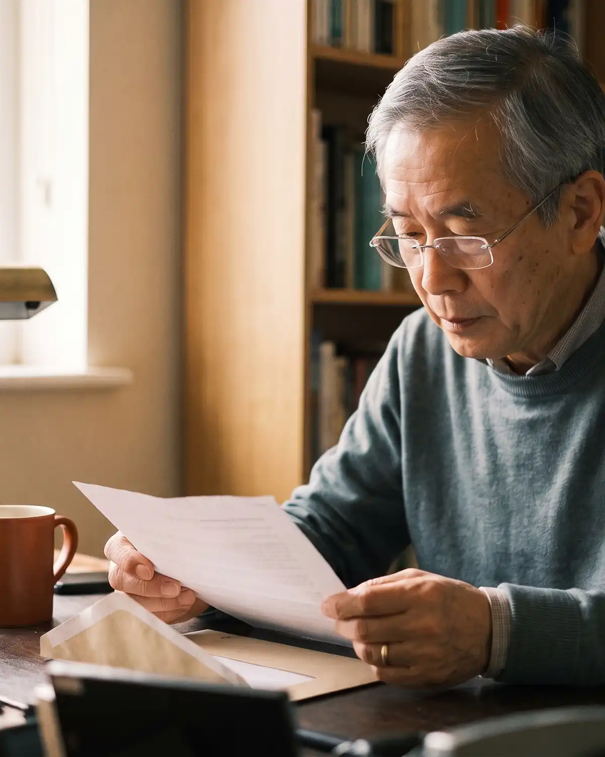 An older man in glasses reads a form closely at his desk.