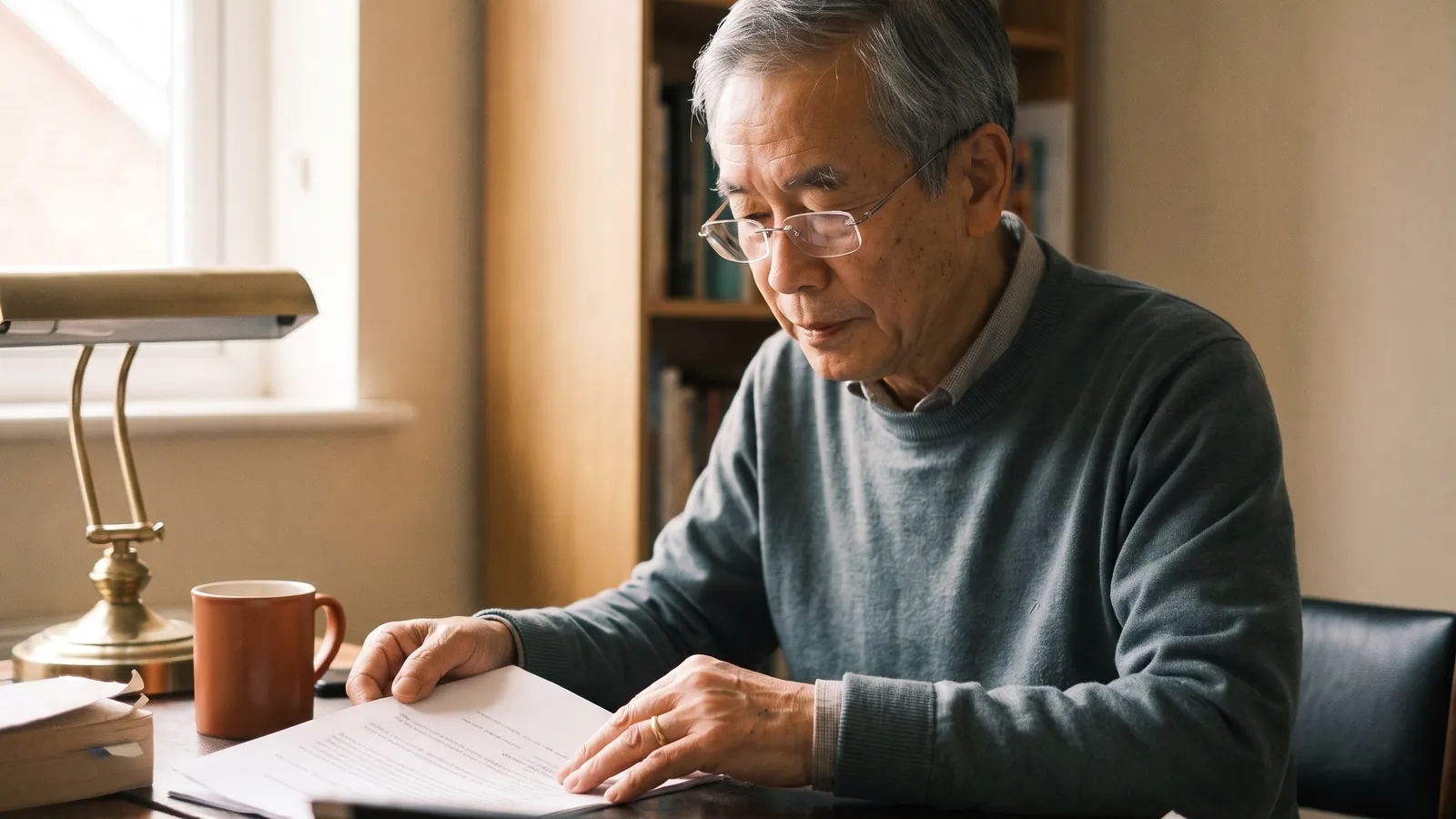 An older man reads a discharge notice closely at his desk.