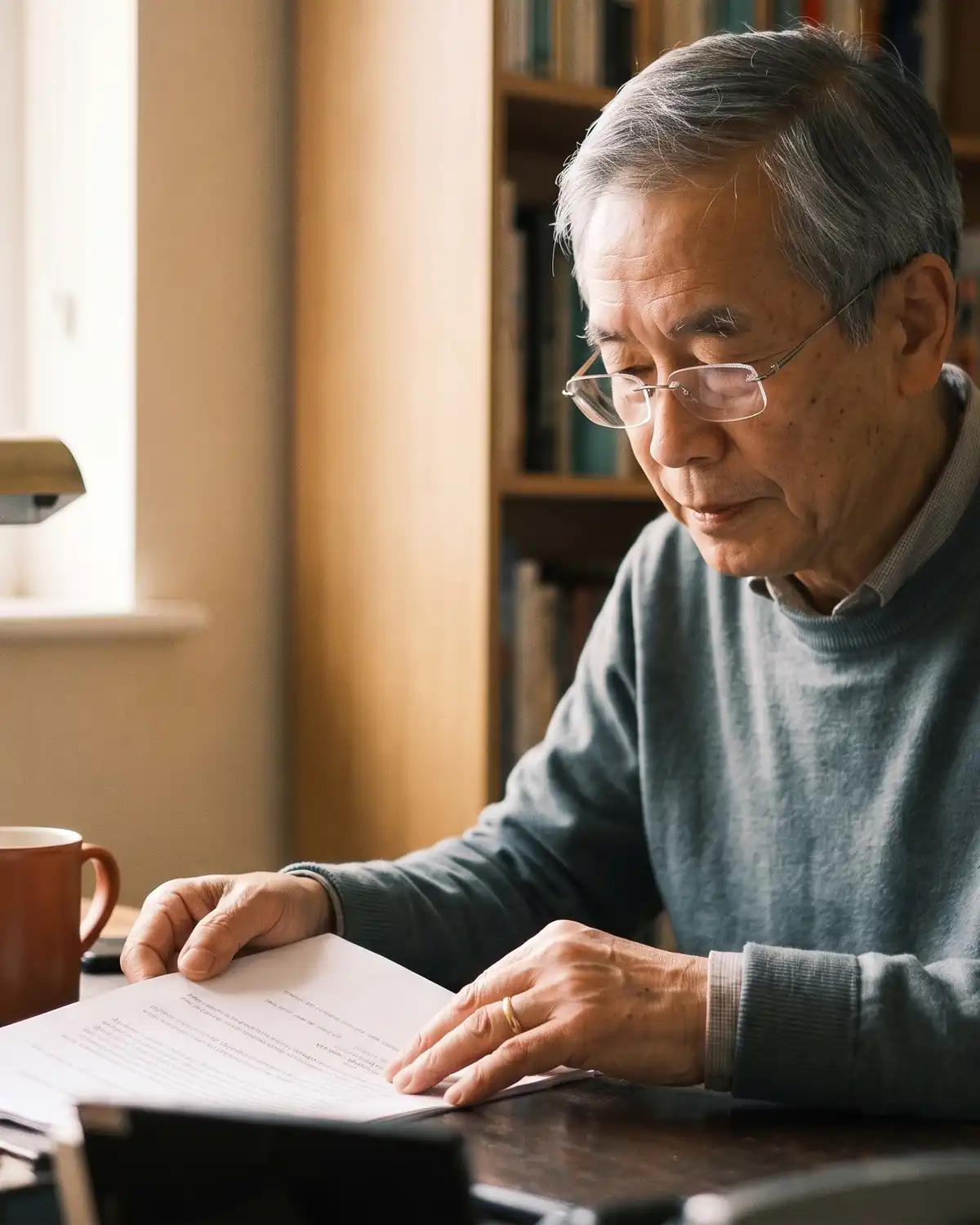 An older man reads a discharge notice closely at his desk.
