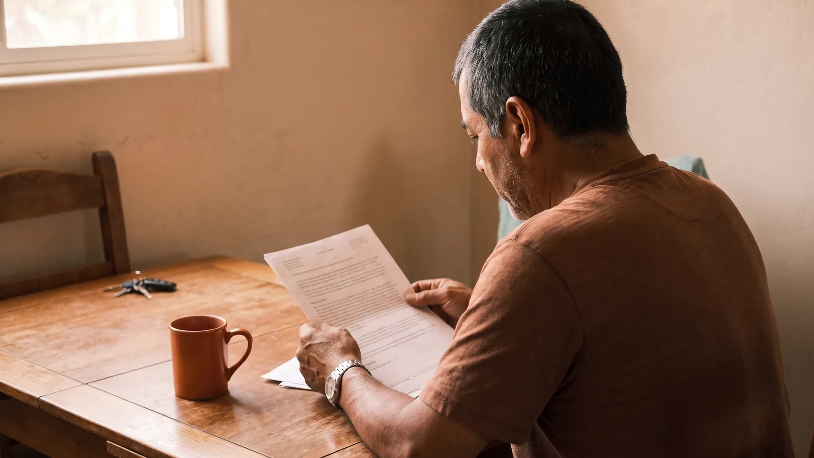 A person at a kitchen table reading a medical bill